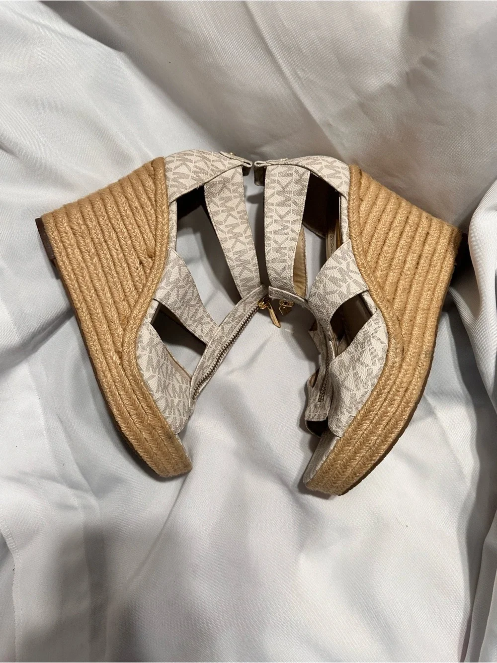 Michael Kors Beige Logo Espadrille Wedge Sandals with Front Zip
